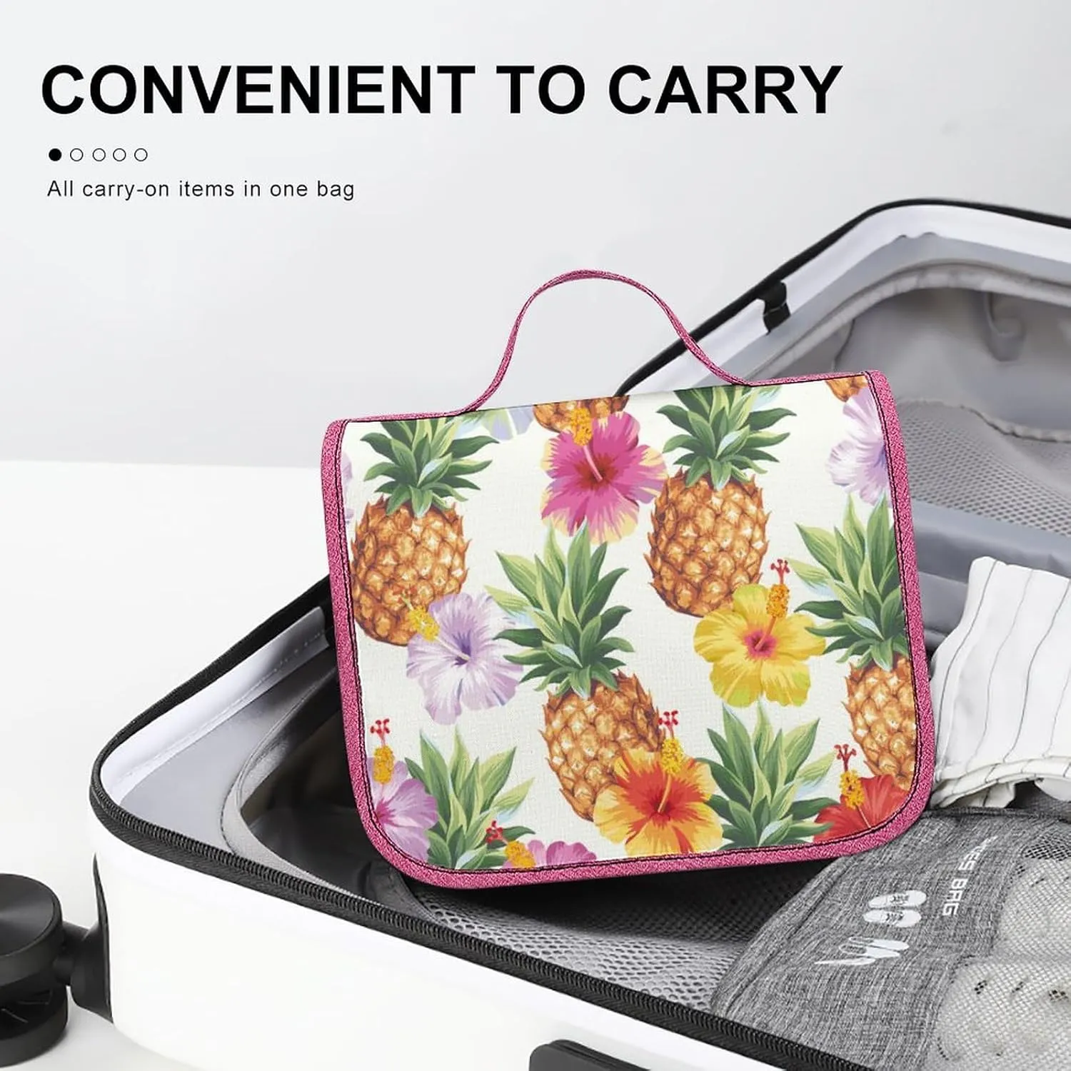 Travel Toiletry Bag For Women Hanging Makeup Bag Cosmetic Bag Travel Essentials Organizer Hawaiian Pineapples And Hibiscus Flowers