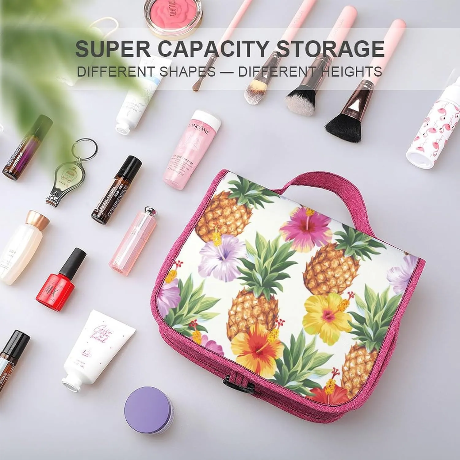 Travel Toiletry Bag For Women Hanging Makeup Bag Cosmetic Bag Travel Essentials Organizer Hawaiian Pineapples And Hibiscus Flowers