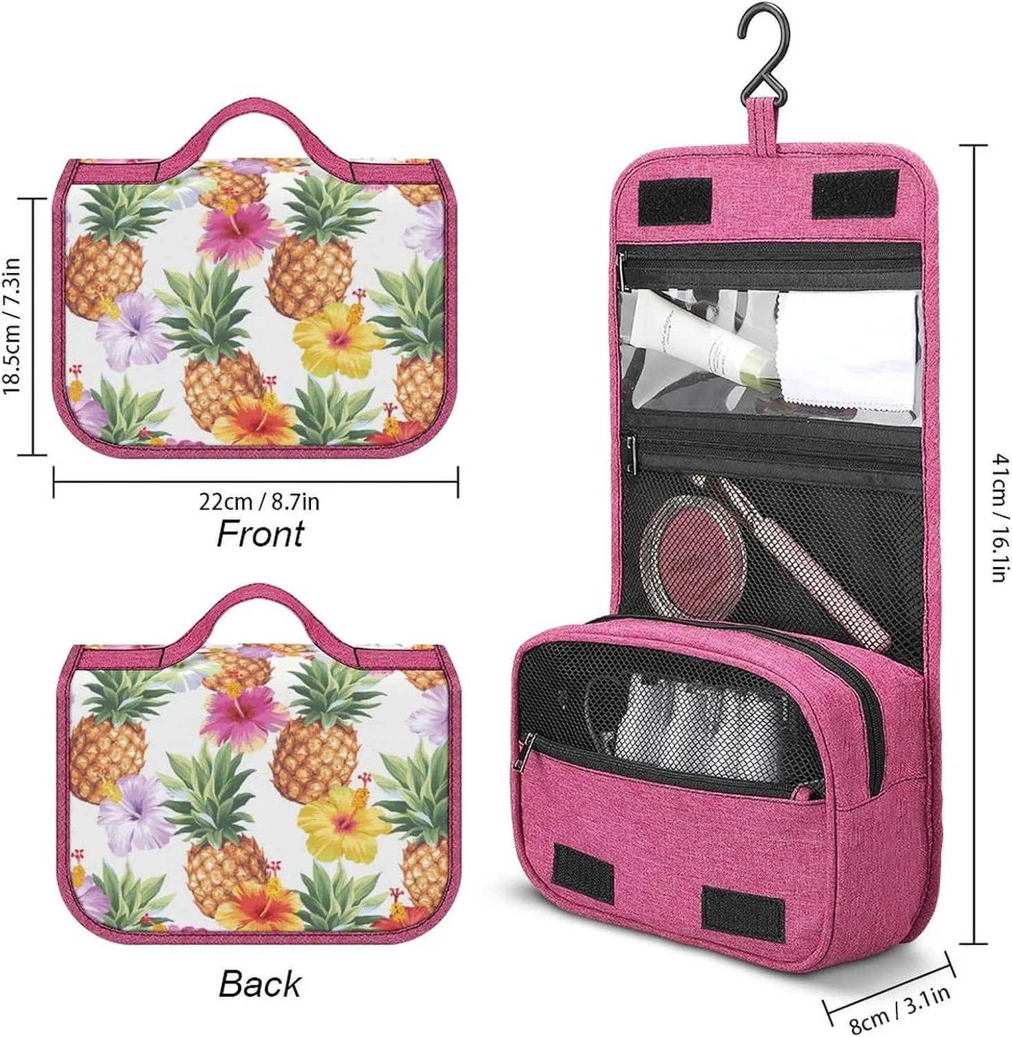 Travel Toiletry Bag For Women Hanging Makeup Bag Cosmetic Bag Travel Essentials Organizer Hawaiian Pineapples And Hibiscus Flowers