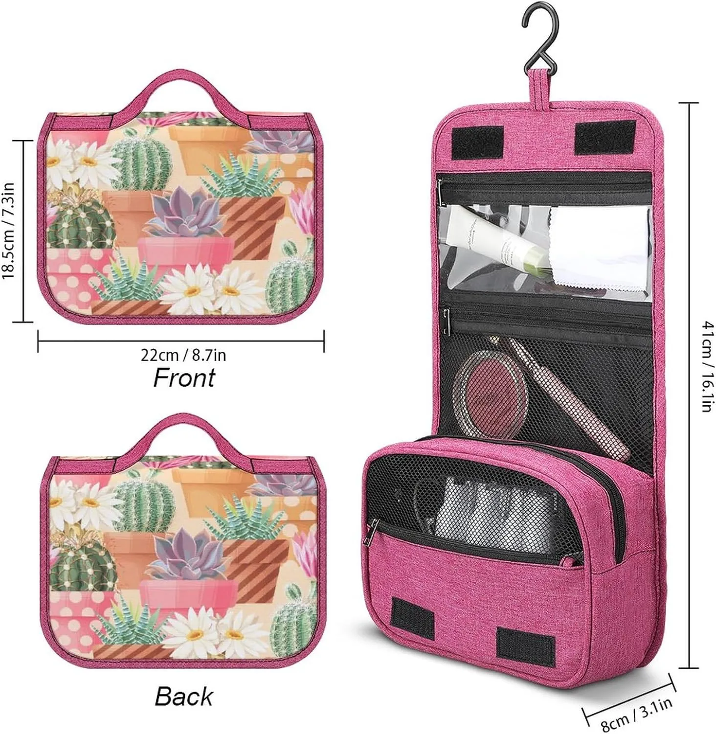Travel Toiletry Bag For Women Hanging Makeup Bag Cosmetic Bag Travel Essentials Organizer High Detail Succulent And Cactus Seamless Patternsss