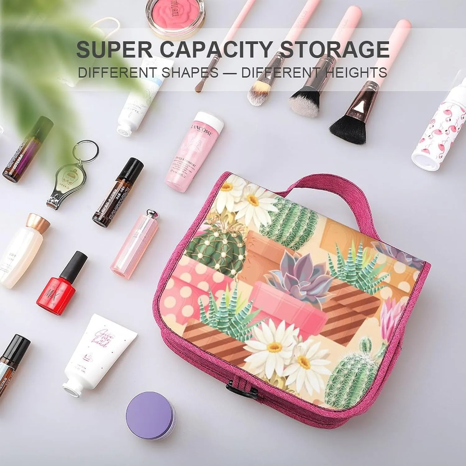 Travel Toiletry Bag For Women Hanging Makeup Bag Cosmetic Bag Travel Essentials Organizer High Detail Succulent And Cactus Seamless Patternsss