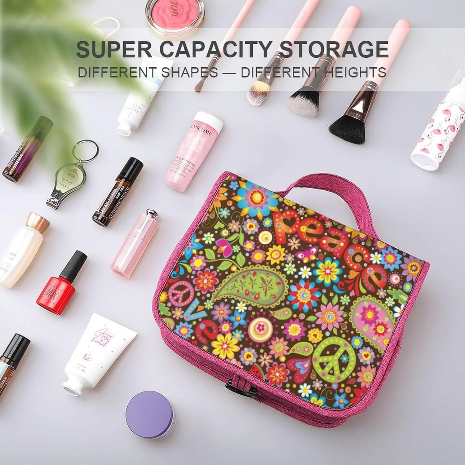 Travel Toiletry Bag For Women Hanging Makeup Bag Cosmetic Bag Travel Essentials Organizer Hippie Peace Love