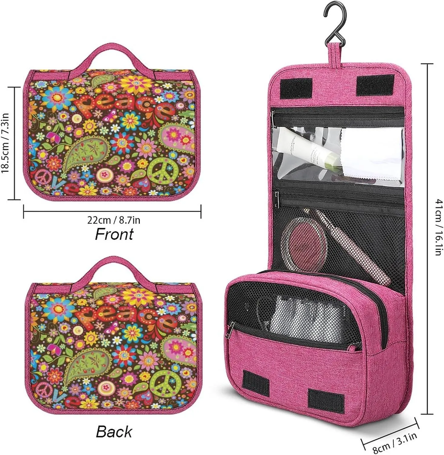 Travel Toiletry Bag For Women Hanging Makeup Bag Cosmetic Bag Travel Essentials Organizer Hippie Peace Love