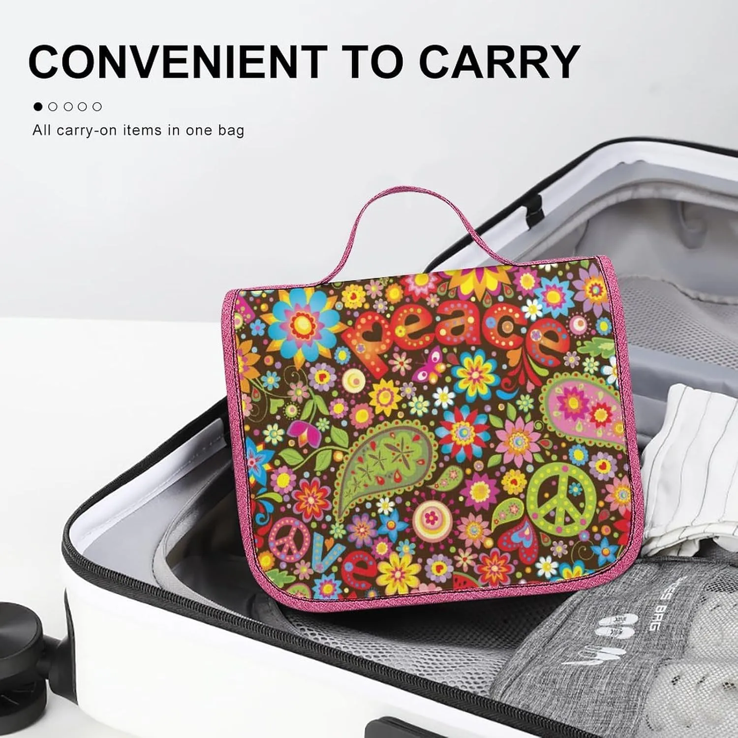 Travel Toiletry Bag For Women Hanging Makeup Bag Cosmetic Bag Travel Essentials Organizer Hippie Peace Love