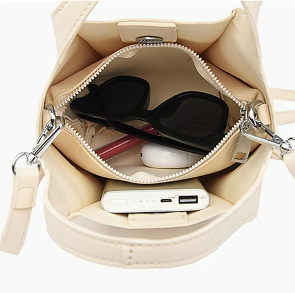 Trendy Vegan Leather Crossbody Purse for Women Small Bucket Shoulder Bag Totes Ladies Handbag Casual 2pcs Satchel