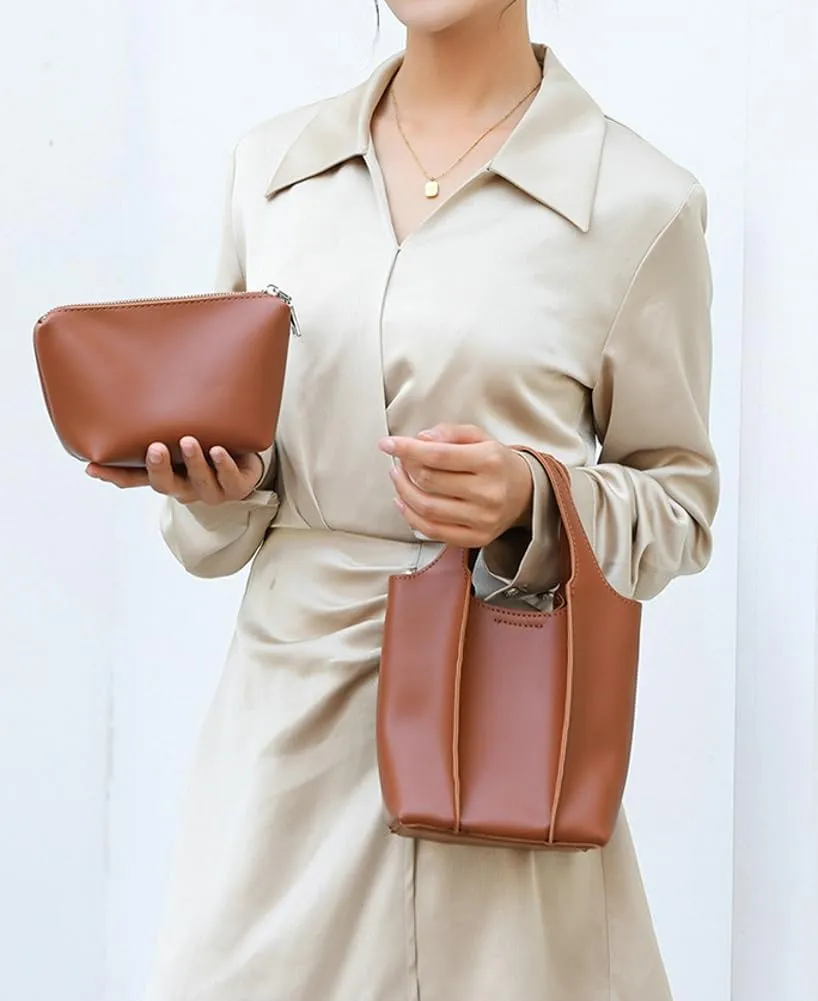 Trendy Vegan Leather Crossbody Purse for Women Small Bucket Shoulder Bag Totes Ladies Handbag Casual 2pcs Satchel