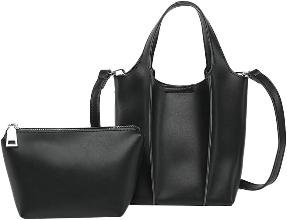 Trendy Vegan Leather Crossbody Purse for Women Small Bucket Shoulder Bag Totes Ladies Handbag Casual 2pcs Satchel