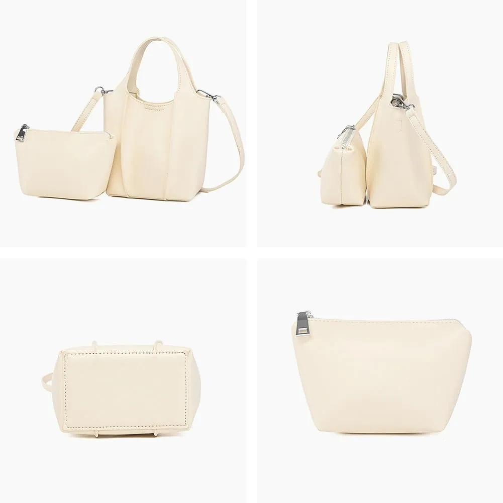 Trendy Vegan Leather Crossbody Purse for Women Small Bucket Shoulder Bag Totes Ladies Handbag Casual 2pcs Satchel