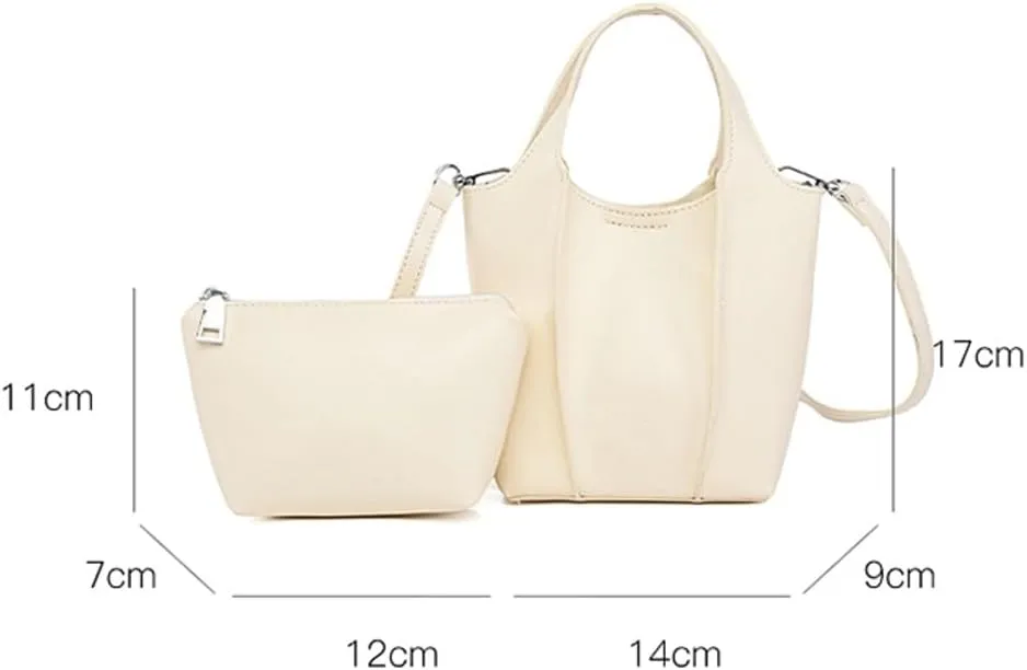 Trendy Vegan Leather Crossbody Purse for Women Small Bucket Shoulder Bag Totes Ladies Handbag Casual 2pcs Satchel