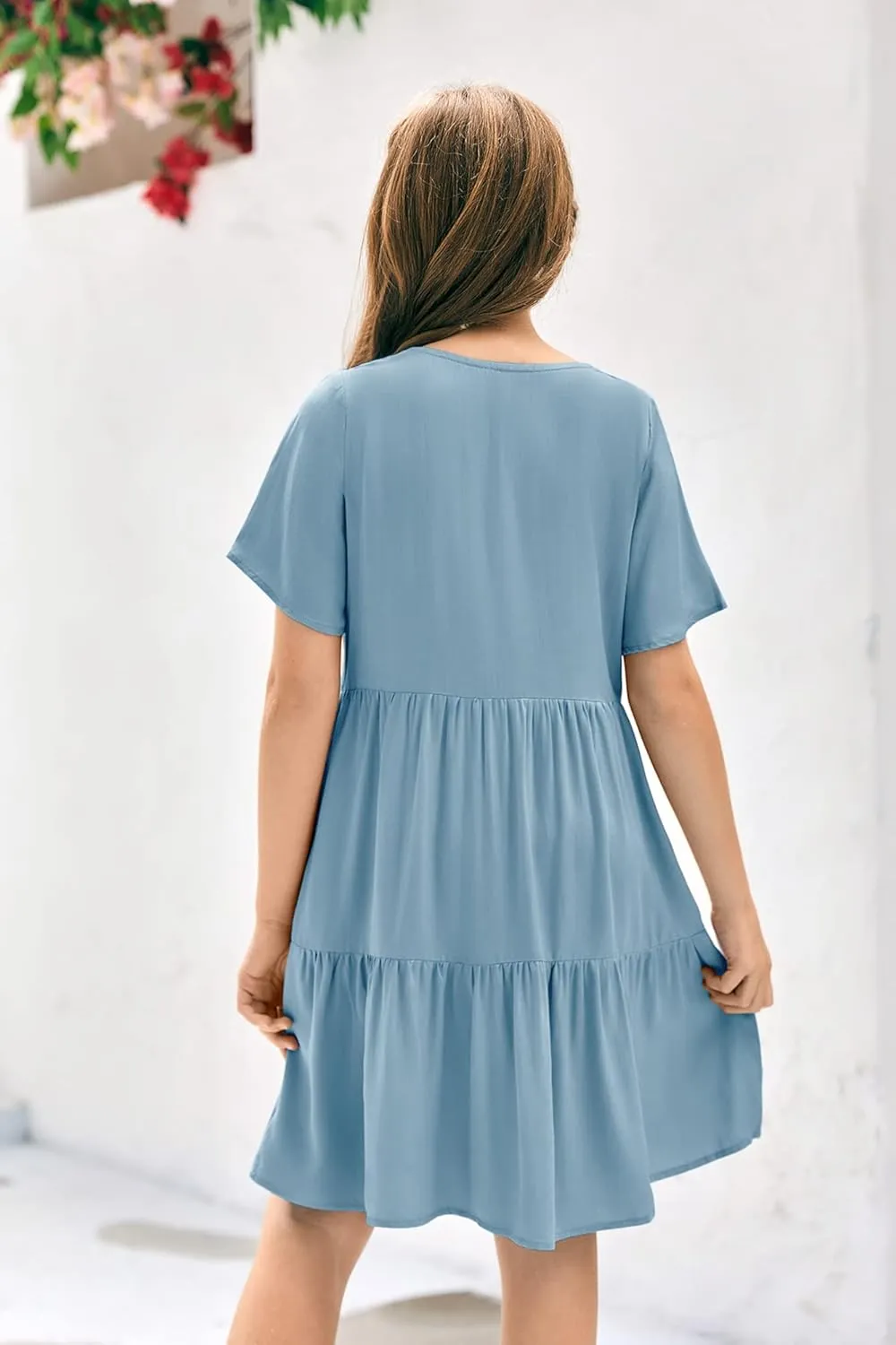 Tymidy Girls Casual Dress Summer Button V Neck Short Sleeve Ruffle Hem Flowy Swing Mini Dresses