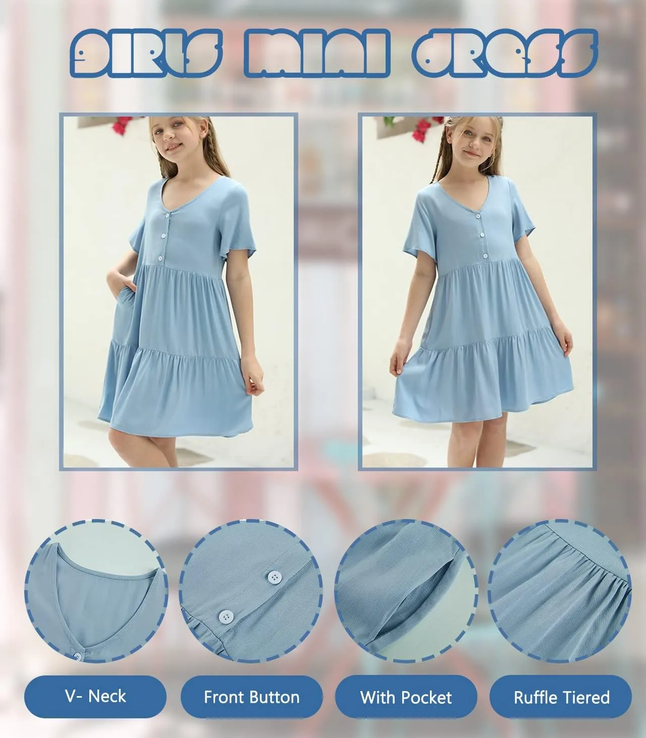 Tymidy Girls Casual Dress Summer Button V Neck Short Sleeve Ruffle Hem Flowy Swing Mini Dresses