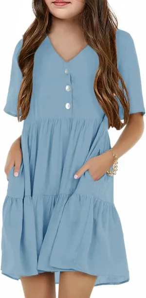Tymidy Girls Casual Dress Summer Button V Neck Short Sleeve Ruffle Hem Flowy Swing Mini Dresses
