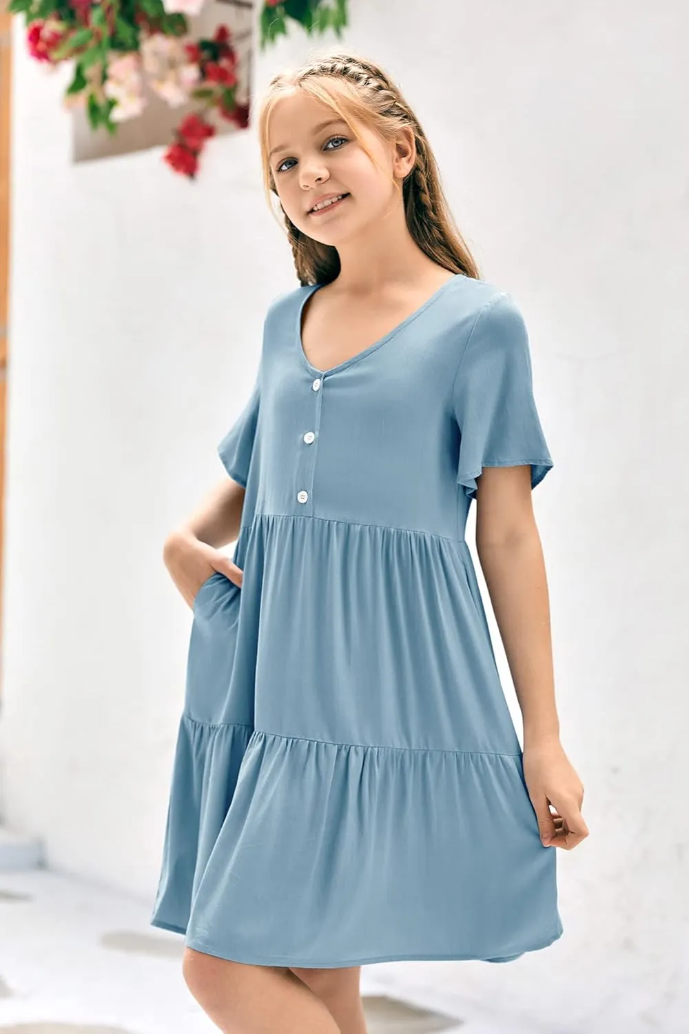 Tymidy Girls Casual Dress Summer Button V Neck Short Sleeve Ruffle Hem Flowy Swing Mini Dresses