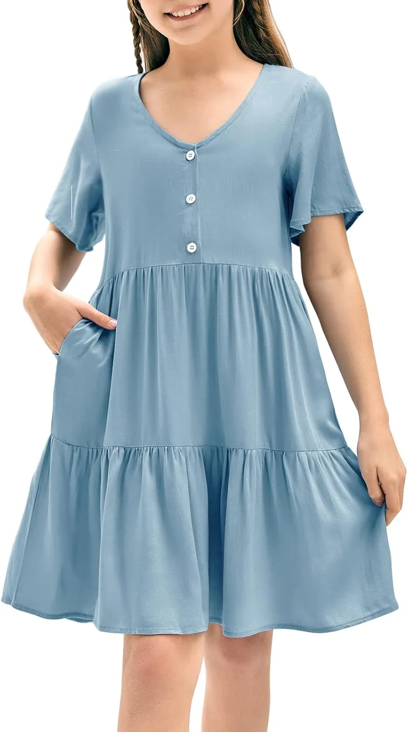 Tymidy Girls Casual Dress Summer Button V Neck Short Sleeve Ruffle Hem Flowy Swing Mini Dresses