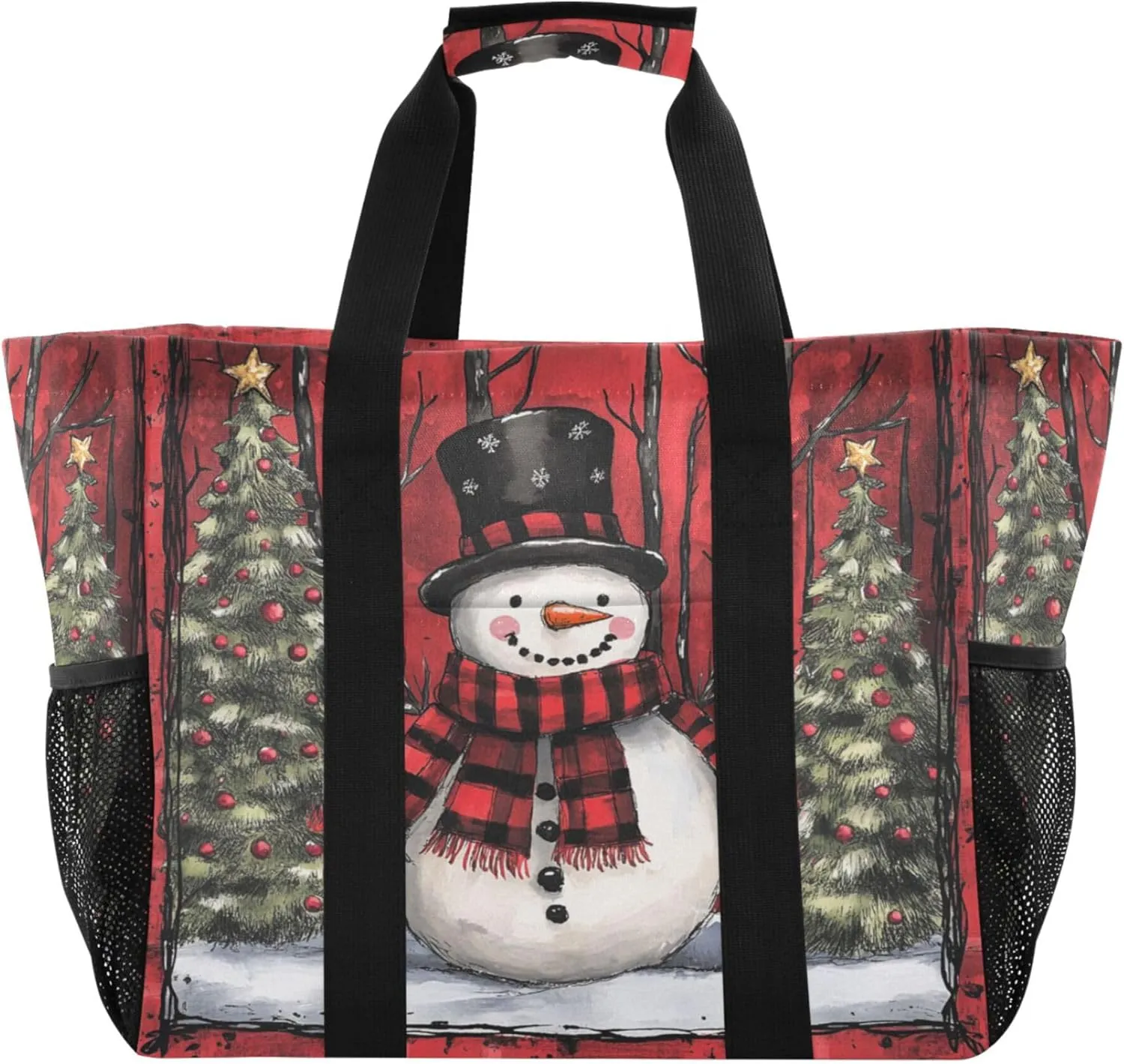 Utility Bag For Trunk Foldable Beach Totes Bags With Pockets Canvas Laundry Bag Red Black Buffalo Plaid Snowman Xmas Trees