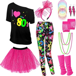 Vabean 19 Pcs 80s Costume Set T Shirt Leggings Tutu Skirt Headband Necklace Bracelets Earrings Gloves Leg Warmers for Women