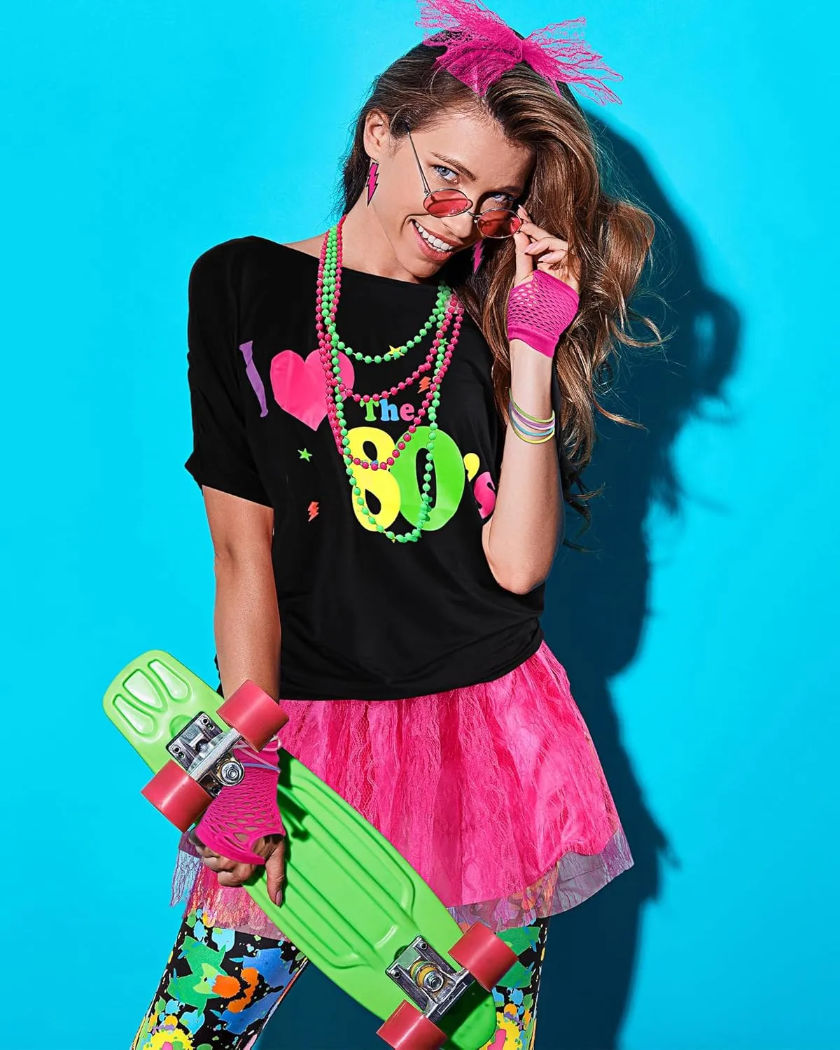 Vabean 19 Pcs 80s Costume Set T Shirt Leggings Tutu Skirt Headband Necklace Bracelets Earrings Gloves Leg Warmers for Women