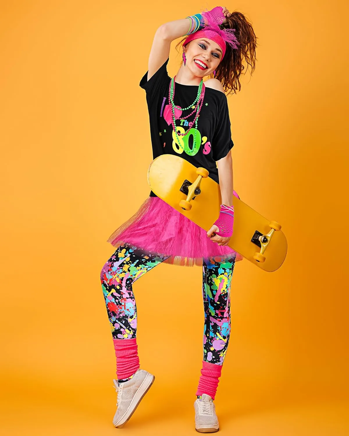 Vabean 19 Pcs 80s Costume Set T Shirt Leggings Tutu Skirt Headband Necklace Bracelets Earrings Gloves Leg Warmers for Women