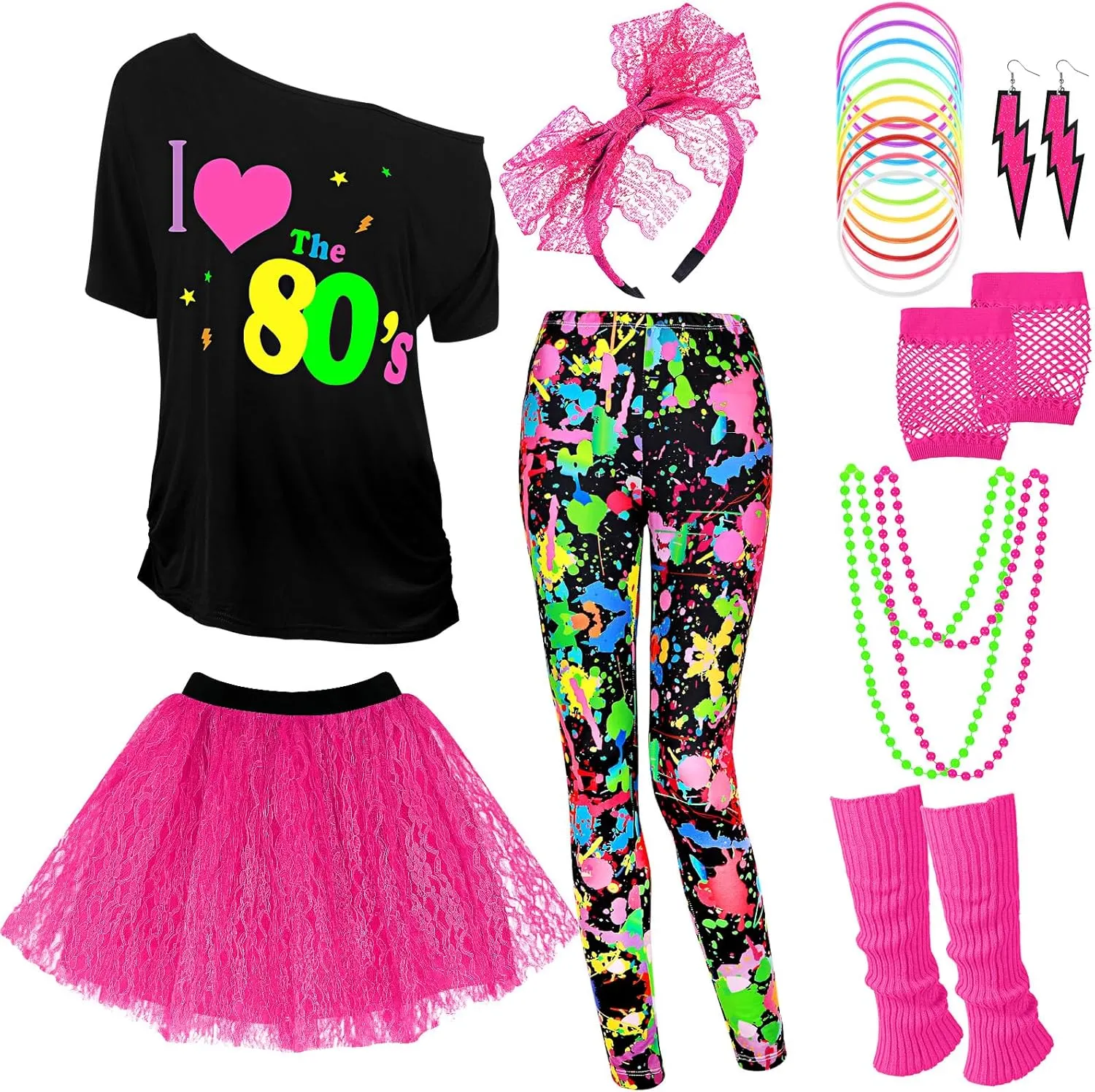 Vabean 19 Pcs 80s Costume Set T Shirt Leggings Tutu Skirt Headband Necklace Bracelets Earrings Gloves Leg Warmers for Women