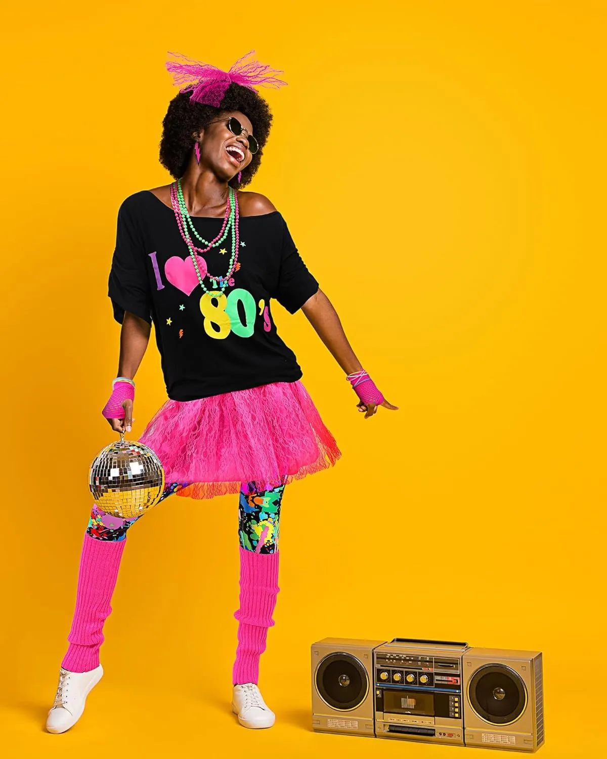 Vabean 19 Pcs 80s Costume Set T Shirt Leggings Tutu Skirt Headband Necklace Bracelets Earrings Gloves Leg Warmers for Women