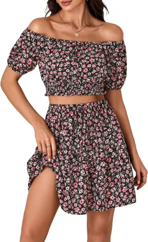Vrtige Women's 2 Piece Outfits Floral Off Shoulder Short Sleeve Crop Top and Ruffle Mini Skirt Set