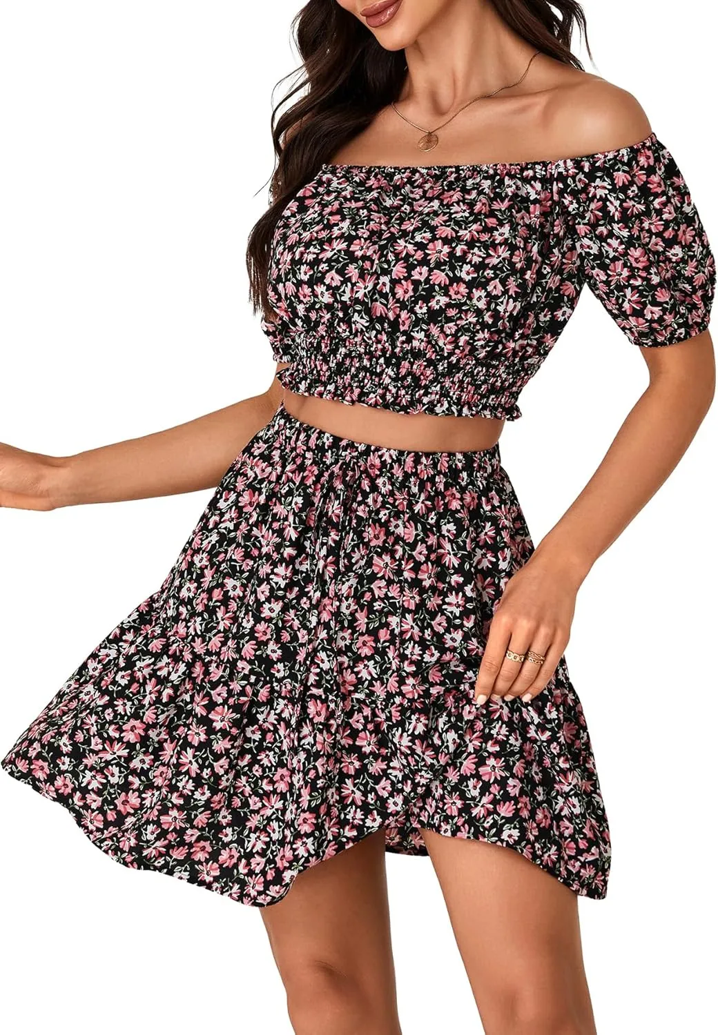 Vrtige Women's 2 Piece Outfits Floral Off Shoulder Short Sleeve Crop Top and Ruffle Mini Skirt Set