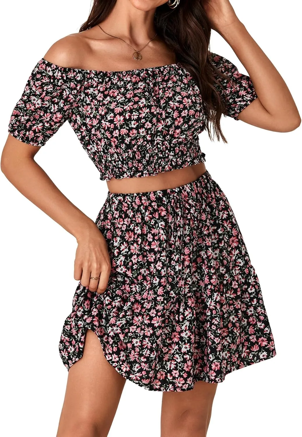 Vrtige Women's 2 Piece Outfits Floral Off Shoulder Short Sleeve Crop Top and Ruffle Mini Skirt Set