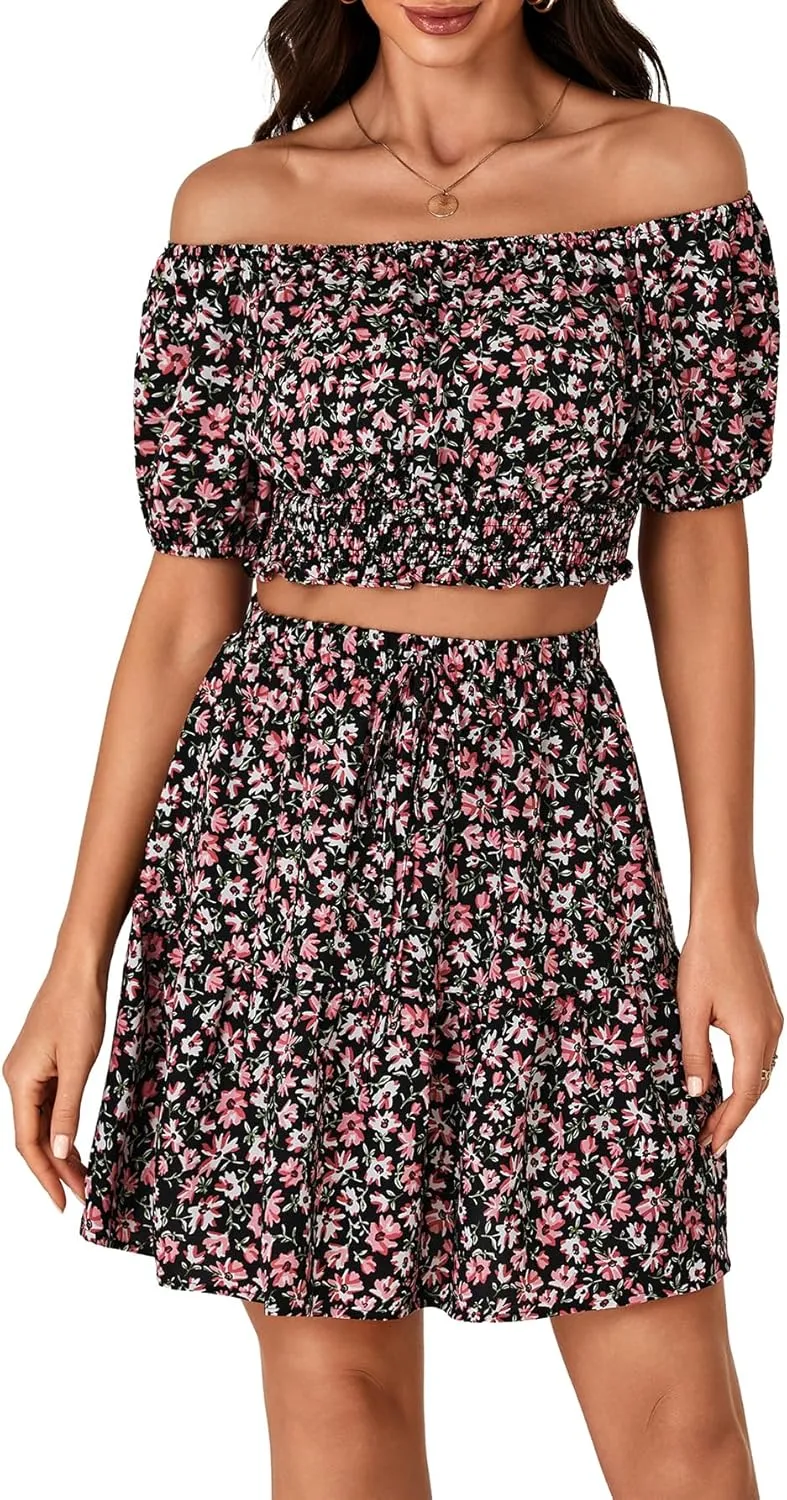 Vrtige Women's 2 Piece Outfits Floral Off Shoulder Short Sleeve Crop Top and Ruffle Mini Skirt Set