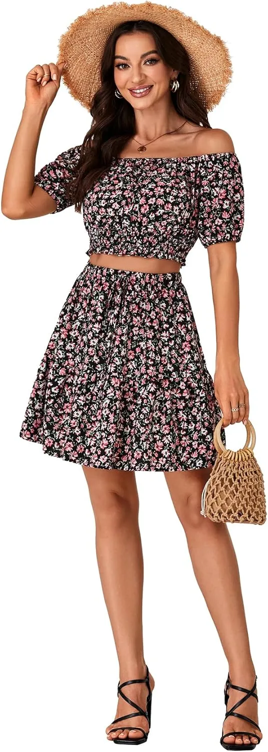 Vrtige Women's 2 Piece Outfits Floral Off Shoulder Short Sleeve Crop Top and Ruffle Mini Skirt Set