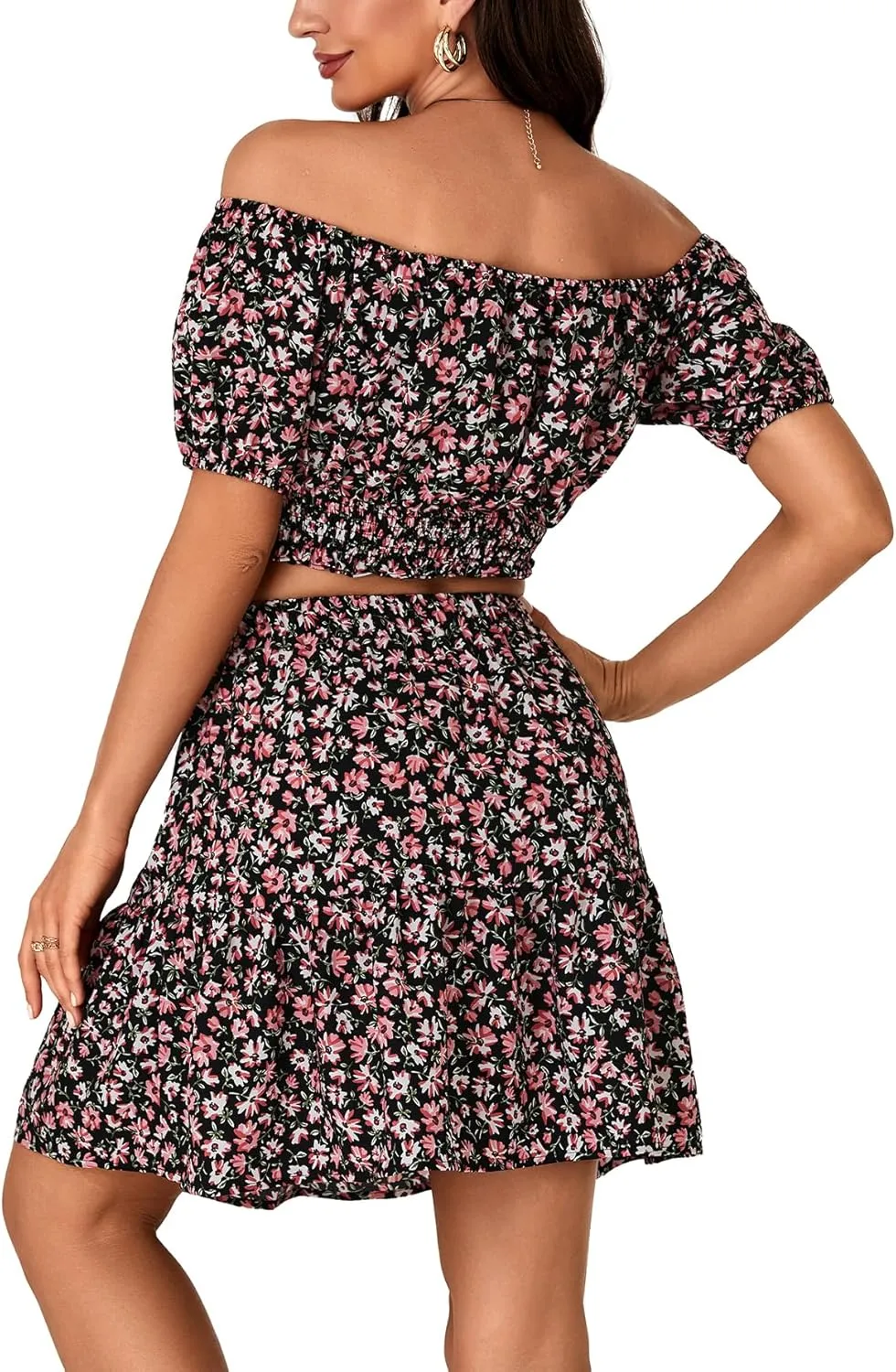Vrtige Women's 2 Piece Outfits Floral Off Shoulder Short Sleeve Crop Top and Ruffle Mini Skirt Set