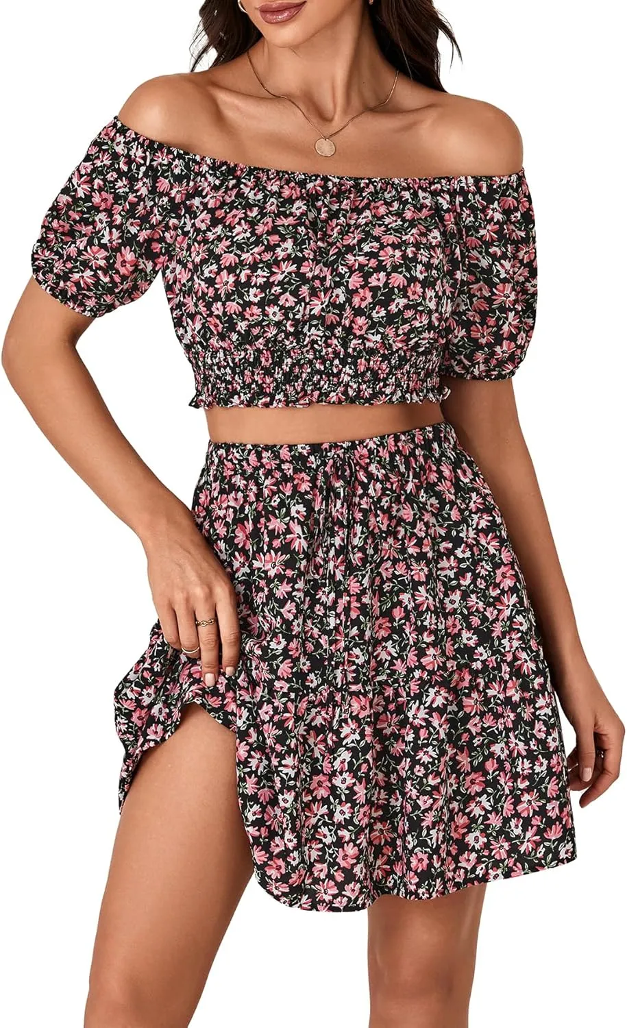 Vrtige Women's 2 Piece Outfits Floral Off Shoulder Short Sleeve Crop Top and Ruffle Mini Skirt Set