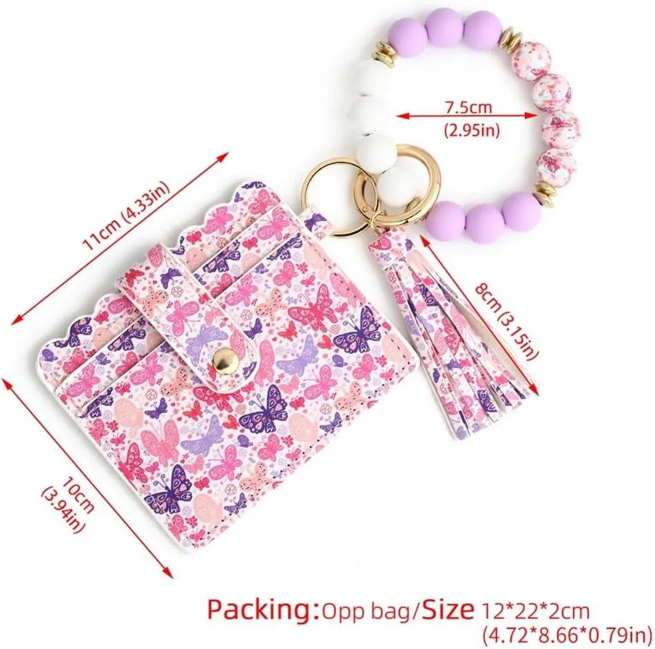 Wallet Keychain Wristlet,Silicone Beaded Bangle Card Holder Pocket Tassel Keychain Wallet Bracelets Keyring Holder