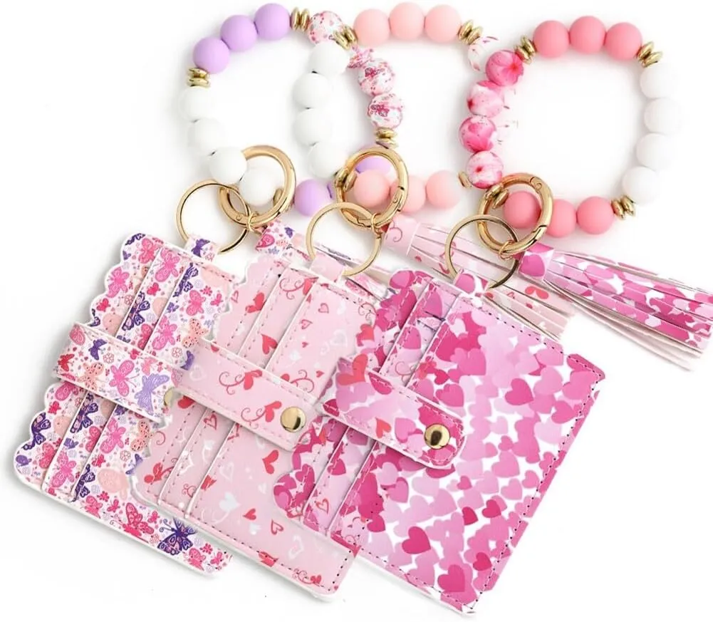 Wallet Keychain Wristlet,Silicone Beaded Bangle Card Holder Pocket Tassel Keychain Wallet Bracelets Keyring Holder