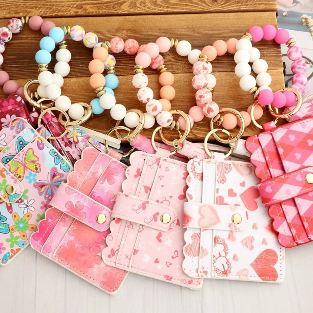 Wallet Keychain Wristlet,Silicone Beaded Bangle Card Holder Pocket Tassel Keychain Wallet Bracelets Keyring Holder