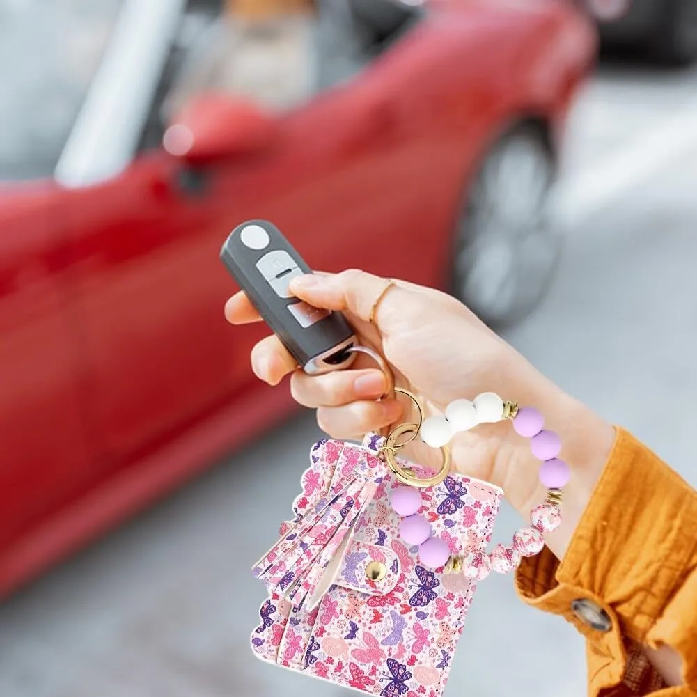 Wallet Keychain Wristlet,Silicone Beaded Bangle Card Holder Pocket Tassel Keychain Wallet Bracelets Keyring Holder