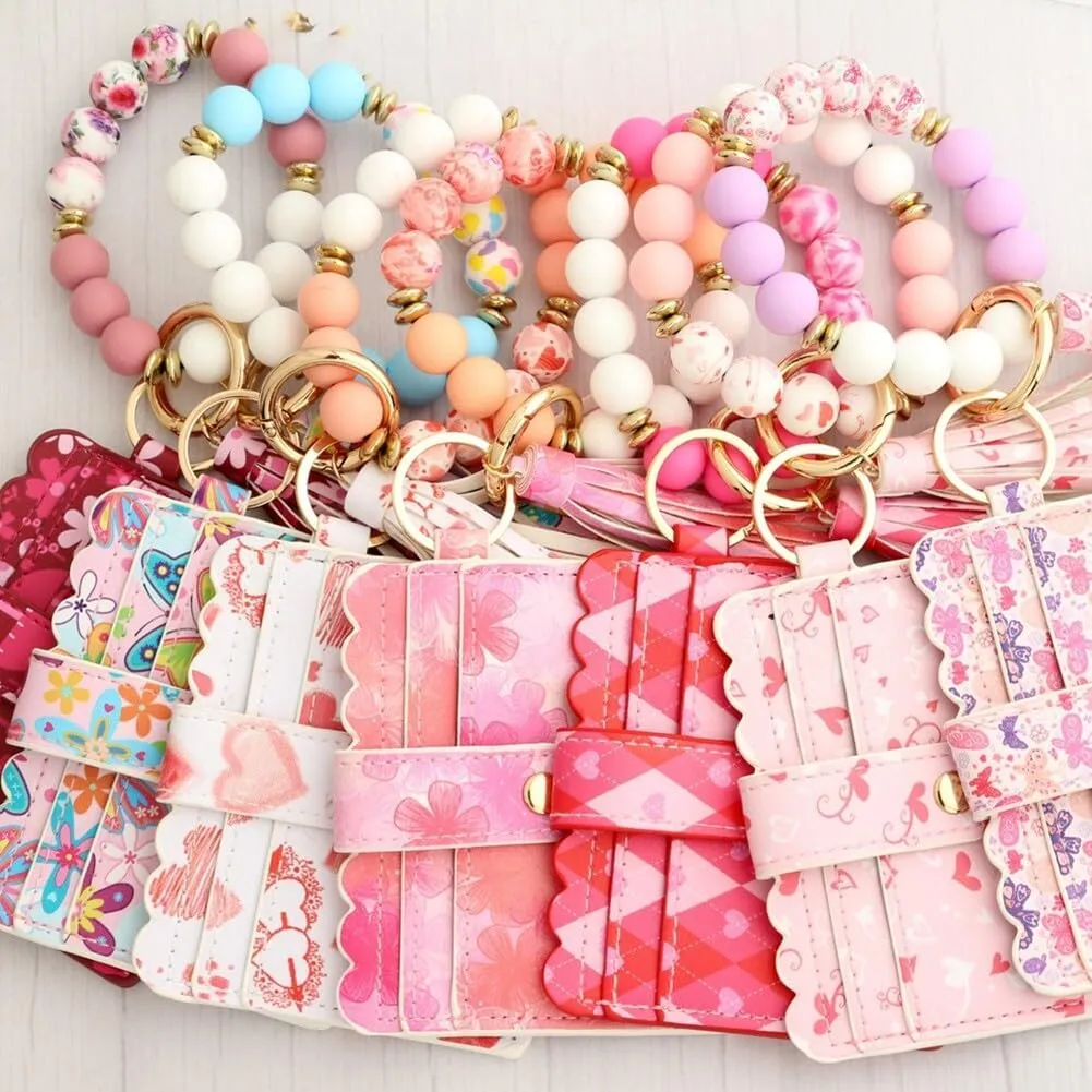Wallet Keychain Wristlet,Silicone Beaded Bangle Card Holder Pocket Tassel Keychain Wallet Bracelets Keyring Holder
