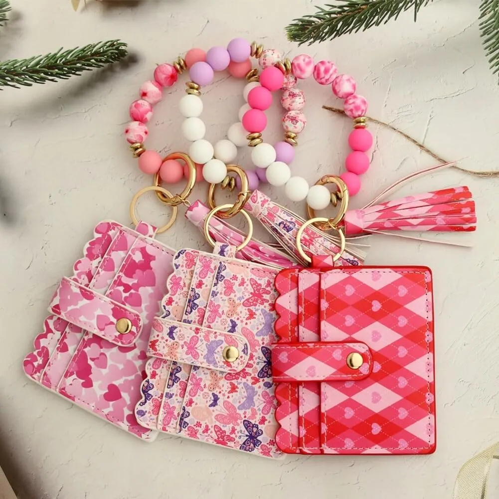 Wallet Keychain Wristlet,Silicone Beaded Bangle Card Holder Pocket Tassel Keychain Wallet Bracelets Keyring Holder