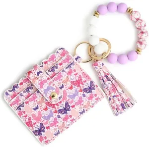 Wallet Keychain Wristlet,Silicone Beaded Bangle Card Holder Pocket Tassel Keychain Wallet Bracelets Keyring Holder