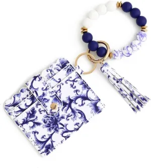 Wallet Keychain Wristlet,Silicone Beaded Bangle Card Holder Pocket Tassel Keychain Wallet Bracelets Keyring Holder