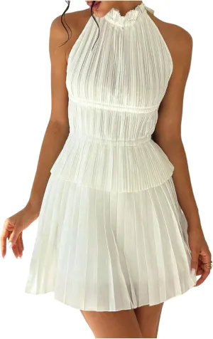 WDIRARA Women's 2 Piece Set Sleeveless Halter Tie Backless Pleated Mini Skirt Outfits