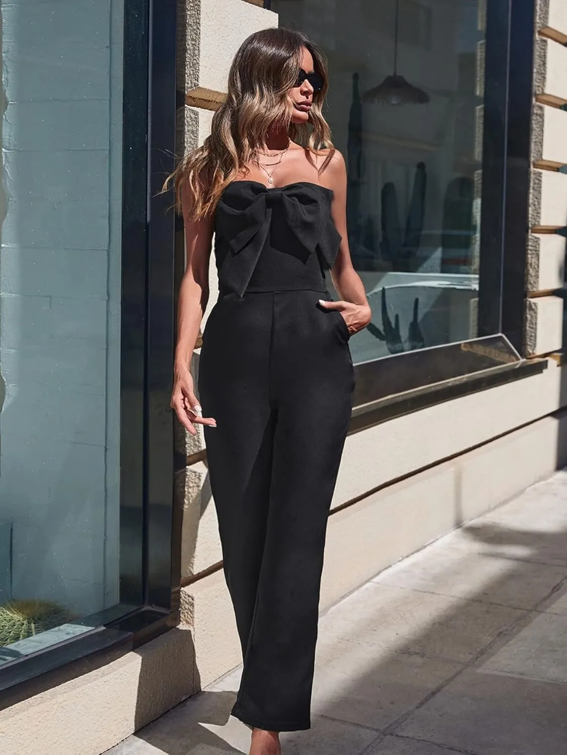 WDIRARA Women's Big Bow Front Strapless Sleeveless Straight Leg Pocket Long Jumpsuit