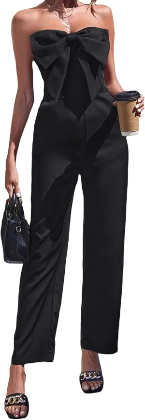 WDIRARA Women's Big Bow Front Strapless Sleeveless Straight Leg Pocket Long Jumpsuit