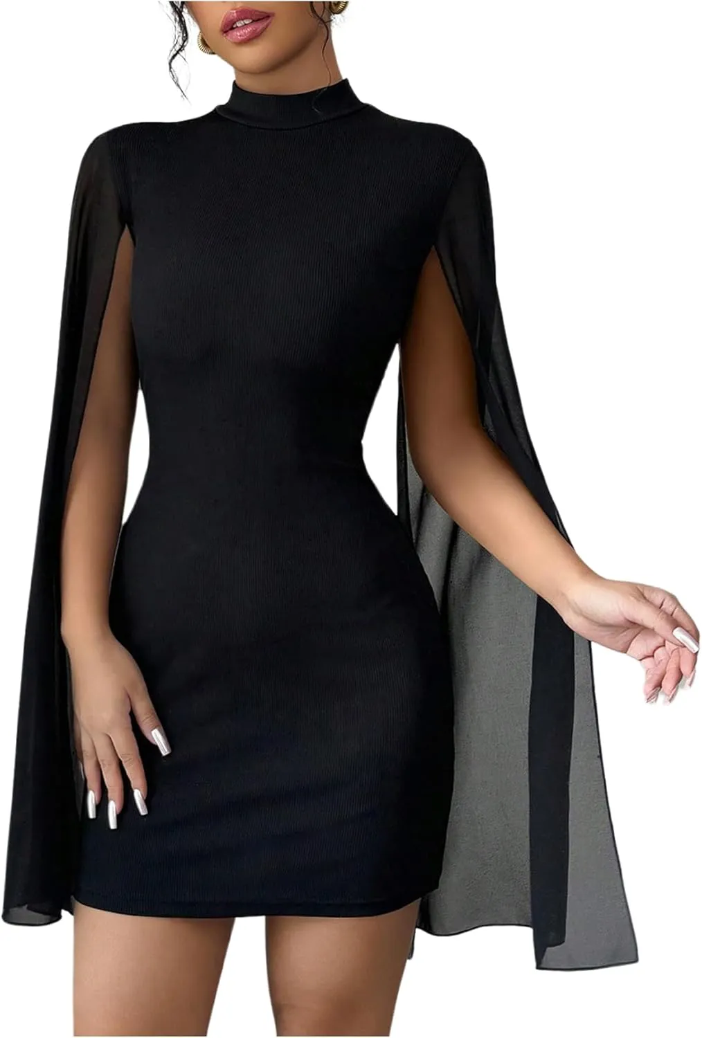 WDIRARA Women's Cape Sleeve Bodycon Mini Dress Mock Neck Cocktail Party Dresses