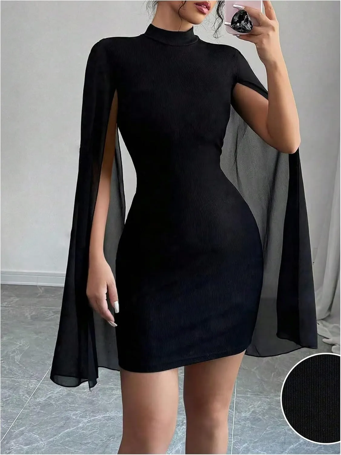 WDIRARA Women's Cape Sleeve Bodycon Mini Dress Mock Neck Cocktail Party Dresses