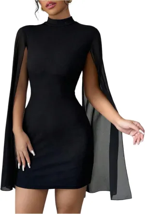 WDIRARA Women's Cape Sleeve Bodycon Mini Dress Mock Neck Cocktail Party Dresses