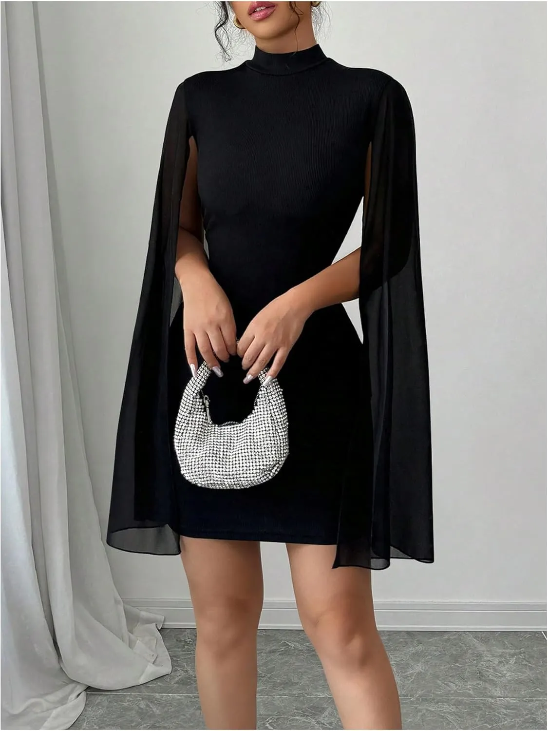 WDIRARA Women's Cape Sleeve Bodycon Mini Dress Mock Neck Cocktail Party Dresses
