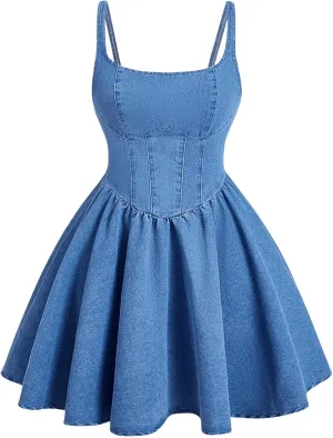WDIRARA Women's Casual Square Neck Denim Dress Ruffle Hem A Line Mini Dress