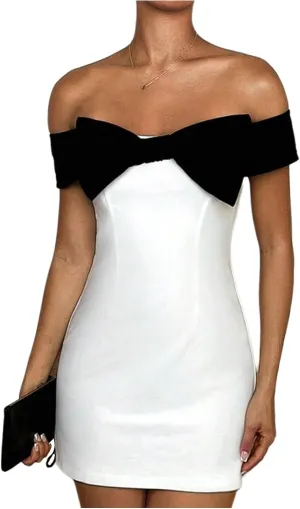 WDIRARA Women's Colorblock Big Bow Front Dress Strapless Sleeveless Pencil Hem Bodycon Mini Dress