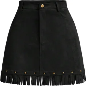 WDIRARA Women's Faux Suede Fringe Skirt High Waisted Tassel Western Mini Skirts