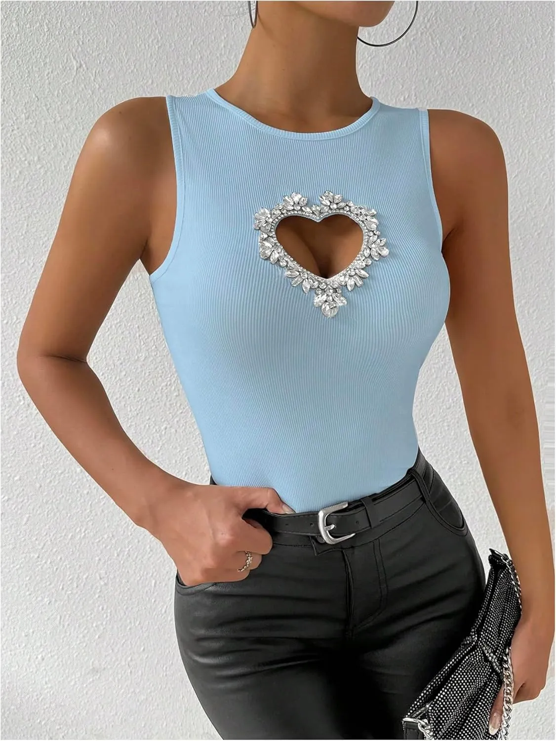 WDIRARA Women's Heart Rhinestone Cut Out Tank Top Casual Slim Fit Rib Knit Tops